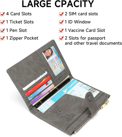Family Passport Holder Wallet RFID Blocking Zippered Passport Wallet,Women and Men Travel Wallet Ladies Passport Cover