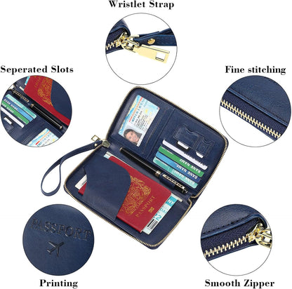 Family Passport Holder Wallet RFID Blocking Zippered Passport Wallet,Women and Men Travel Wallet Ladies Passport Cover