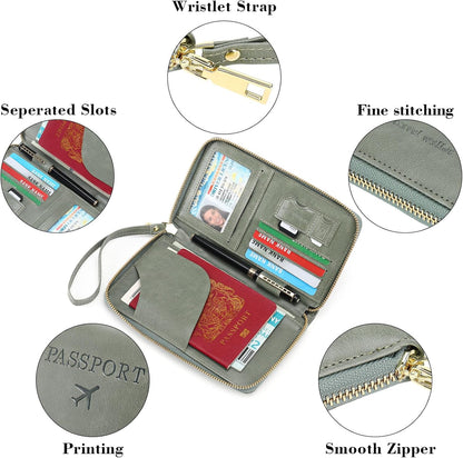 Family Passport Holder Wallet RFID Blocking Zippered Passport Wallet,Women and Men Travel Wallet Ladies Passport Cover