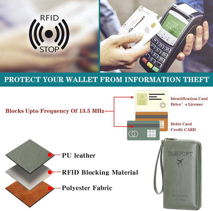 Family Passport Holder Wallet RFID Blocking Zippered Passport Wallet,Women and Men Travel Wallet Ladies Passport Cover