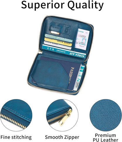 Family Passport Holder Wallet RFID Blocking Zippered Passport Wallet,Women and Men Travel Wallet Ladies Passport Cover