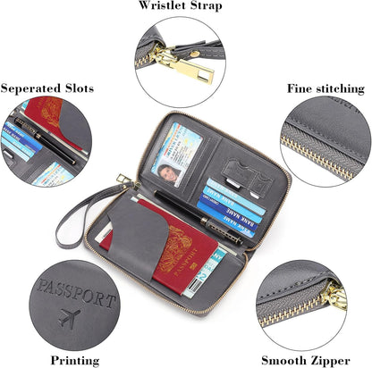 Family Passport Holder Wallet RFID Blocking Zippered Passport Wallet,Women and Men Travel Wallet Ladies Passport Cover