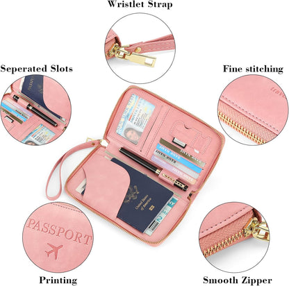 Family Passport Holder Wallet RFID Blocking Zippered Passport Wallet,Women and Men Travel Wallet Ladies Passport Cover