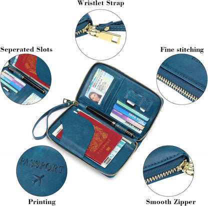 Family Passport Holder Wallet RFID Blocking Zippered Passport Wallet,Women and Men Travel Wallet Ladies Passport Cover