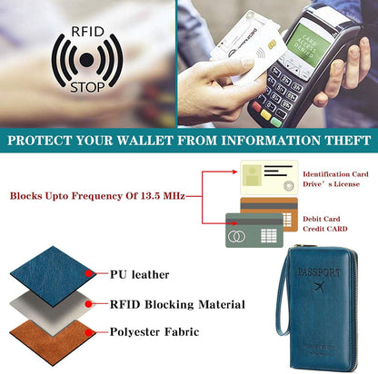Family Passport Holder Wallet RFID Blocking Zippered Passport Wallet,Women and Men Travel Wallet Ladies Passport Cover