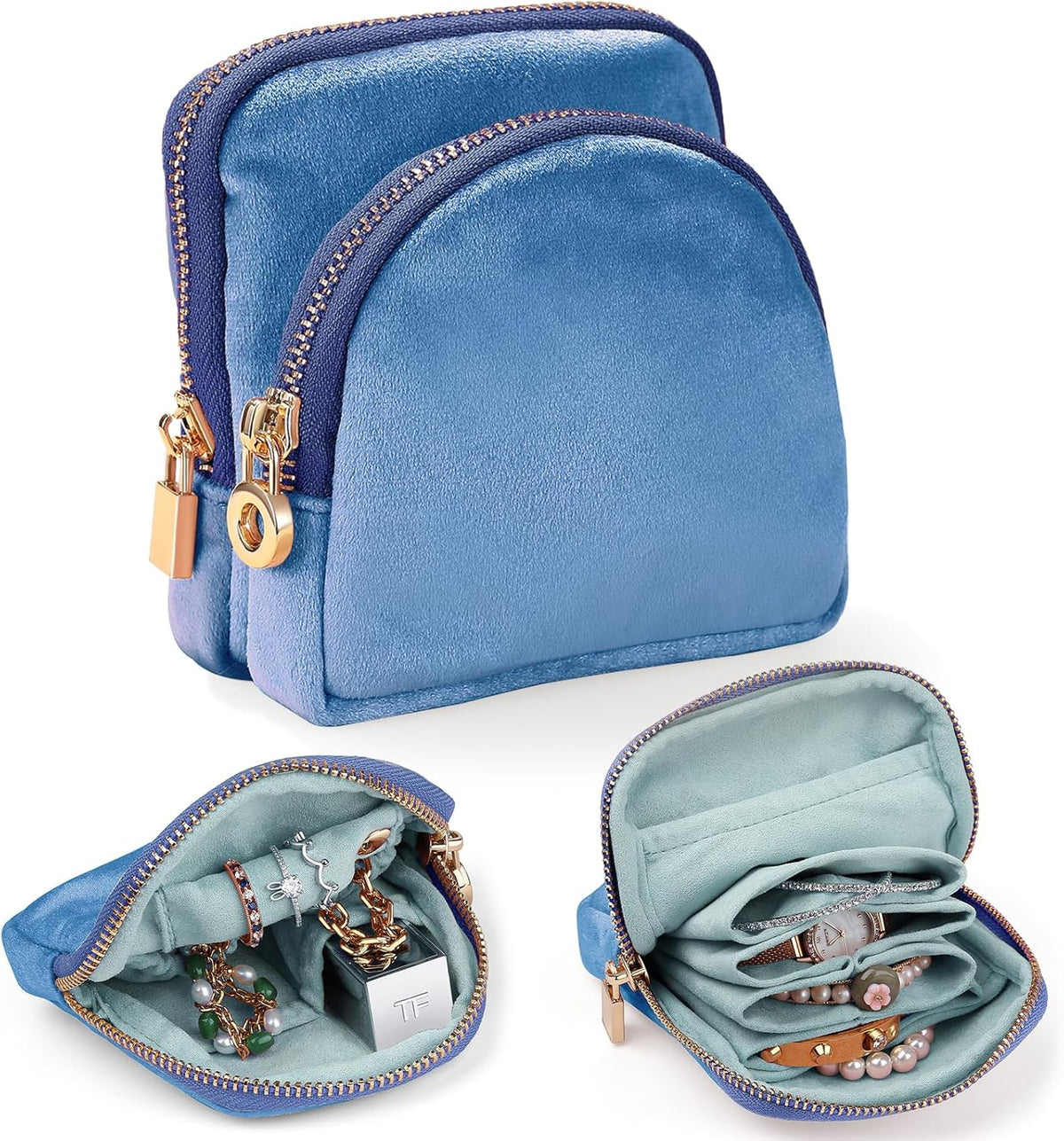 Small Travel Jewelry Case 2-in-1 Detachable Velvet Jewelry Bag Set | Portable Dual-Pouch Jewelry Organizer with Zippered Pouches and Divided Storage for Rings, Earrings, Bracelets & Accessories
