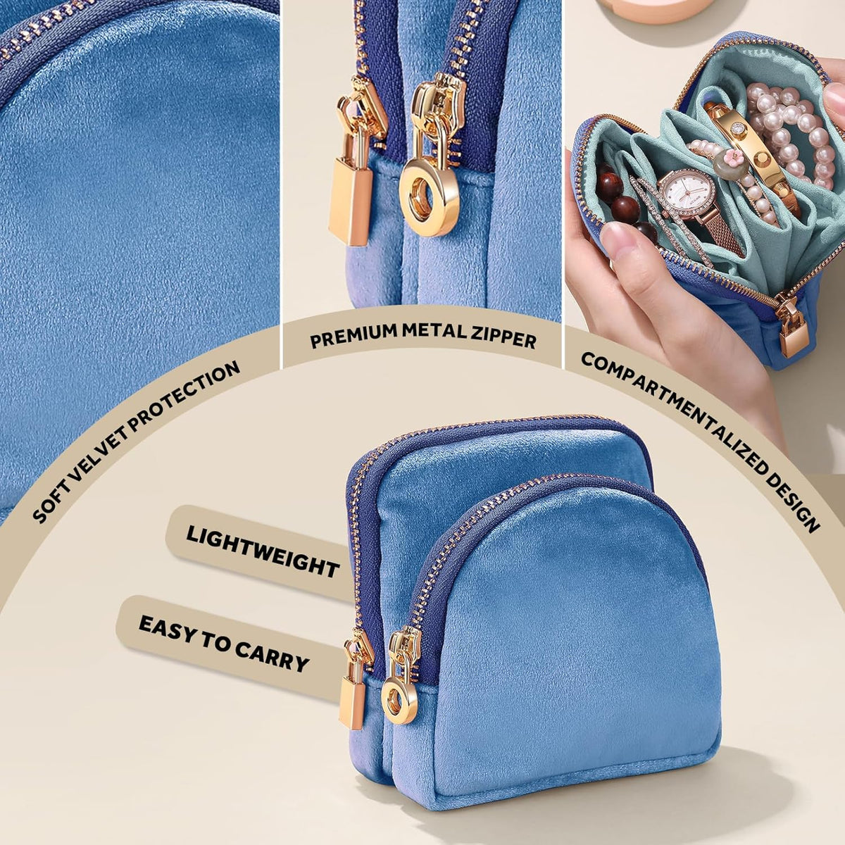 Small Travel Jewelry Case 2-in-1 Detachable Velvet Jewelry Bag Set | Portable Dual-Pouch Jewelry Organizer with Zippered Pouches and Divided Storage for Rings, Earrings, Bracelets & Accessories