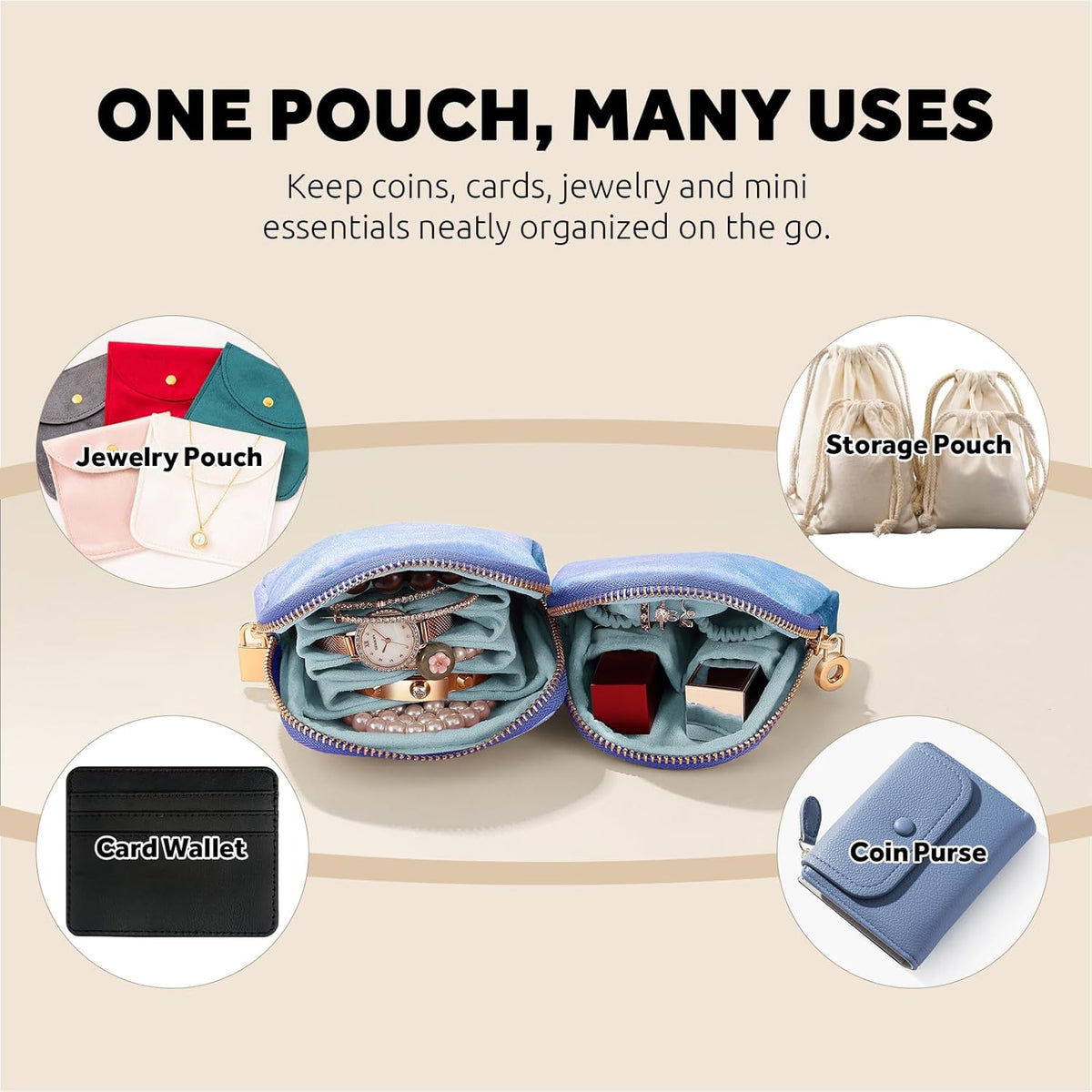 Small Travel Jewelry Case 2-in-1 Detachable Velvet Jewelry Bag Set | Portable Dual-Pouch Jewelry Organizer with Zippered Pouches and Divided Storage for Rings, Earrings, Bracelets & Accessories