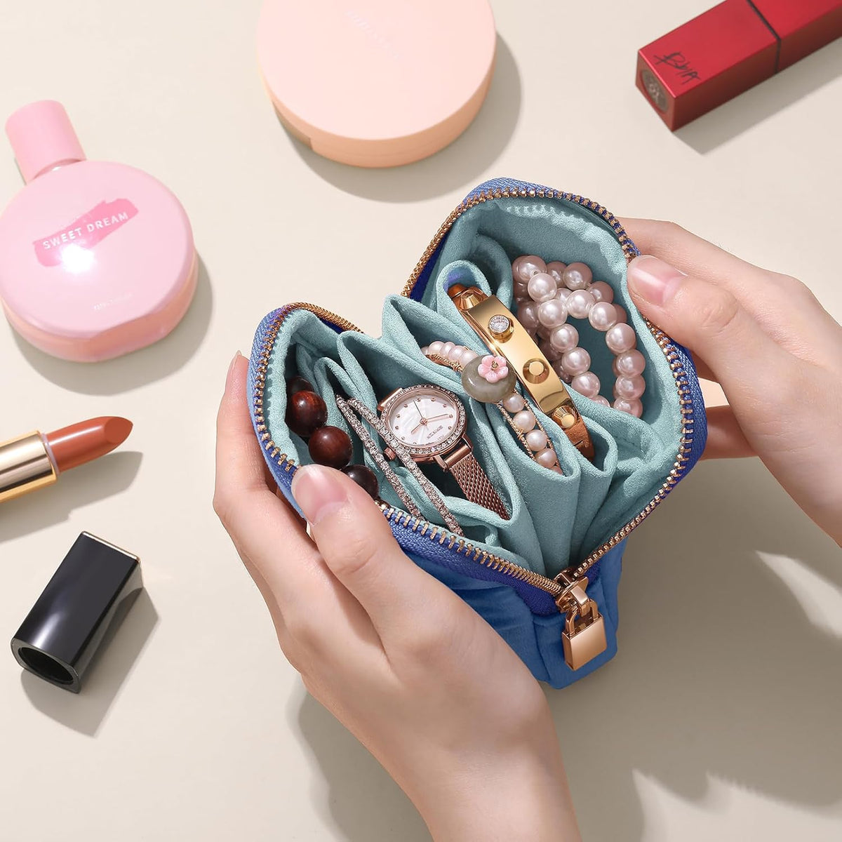 Small Travel Jewelry Case 2-in-1 Detachable Velvet Jewelry Bag Set | Portable Dual-Pouch Jewelry Organizer with Zippered Pouches and Divided Storage for Rings, Earrings, Bracelets & Accessories