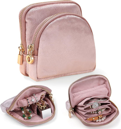 Small Travel Jewelry Case 2-in-1 Detachable Velvet Jewelry Bag Set | Portable Dual-Pouch Jewelry Organizer with Zippered Pouches and Divided Storage for Rings, Earrings, Bracelets & Accessories