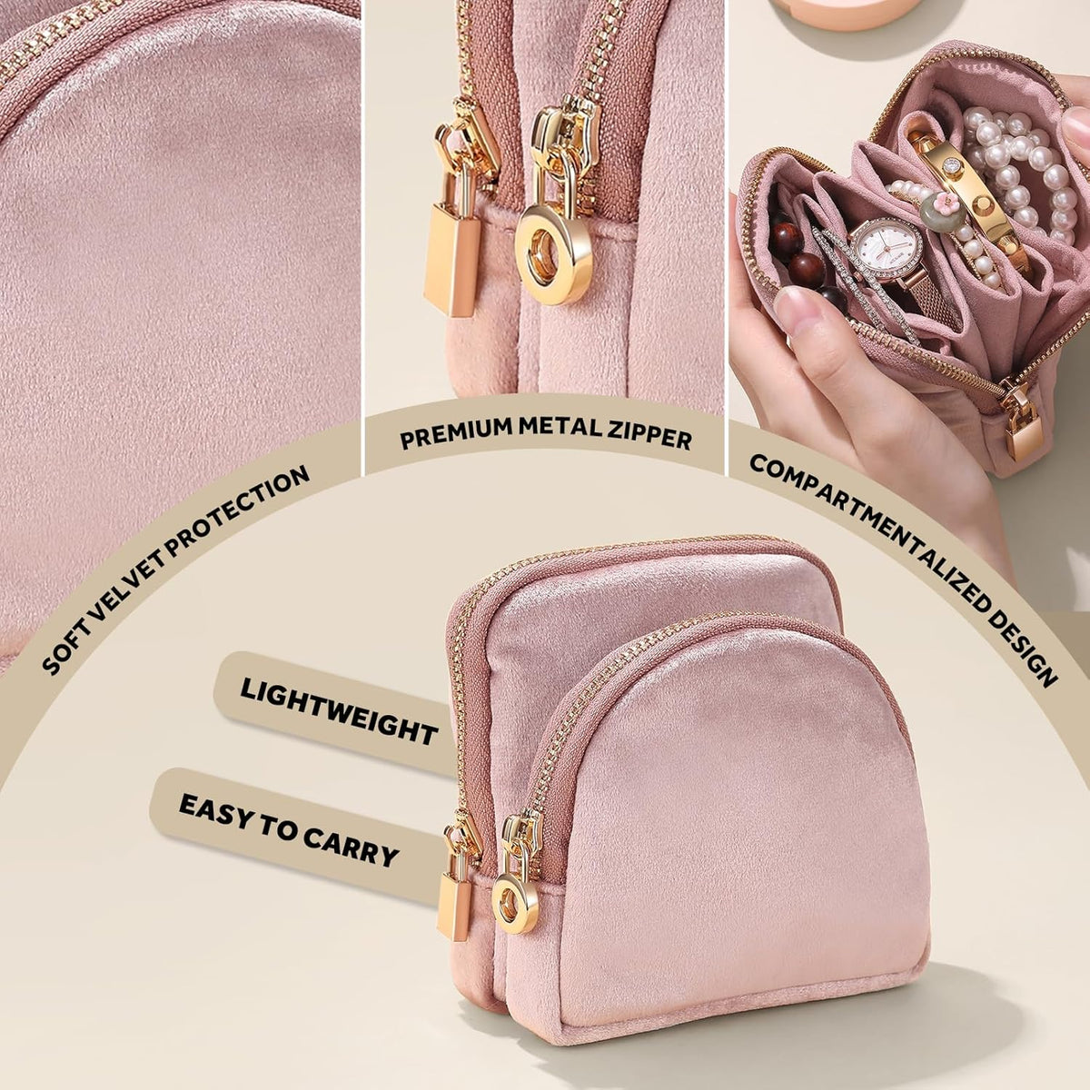 Small Travel Jewelry Case 2-in-1 Detachable Velvet Jewelry Bag Set | Portable Dual-Pouch Jewelry Organizer with Zippered Pouches and Divided Storage for Rings, Earrings, Bracelets & Accessories