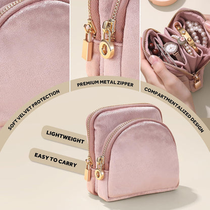 Small Travel Jewelry Case 2-in-1 Detachable Velvet Jewelry Bag Set | Portable Dual-Pouch Jewelry Organizer with Zippered Pouches and Divided Storage for Rings, Earrings, Bracelets & Accessories