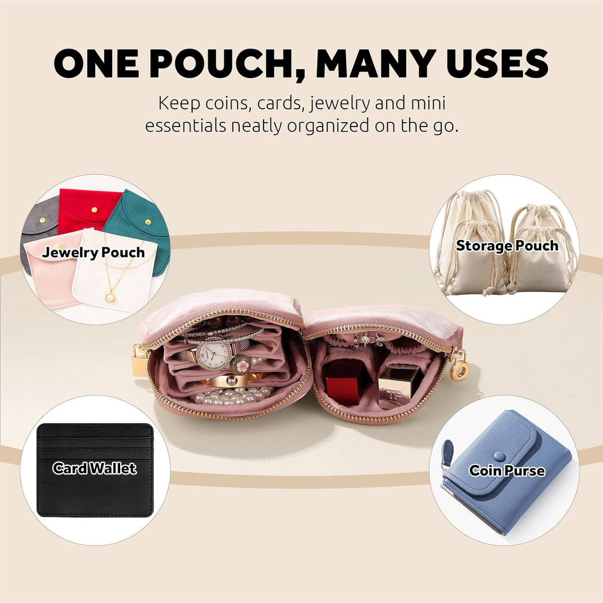 Small Travel Jewelry Case 2-in-1 Detachable Velvet Jewelry Bag Set | Portable Dual-Pouch Jewelry Organizer with Zippered Pouches and Divided Storage for Rings, Earrings, Bracelets & Accessories