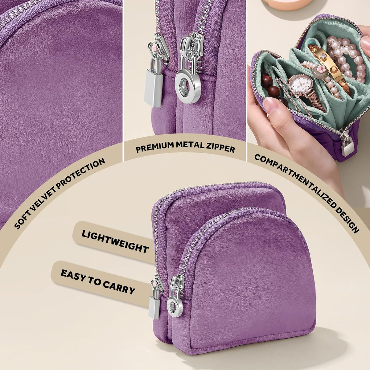 Small Travel Jewelry Case 2-in-1 Detachable Velvet Jewelry Bag Set | Portable Dual-Pouch Jewelry Organizer with Zippered Pouches and Divided Storage for Rings, Earrings, Bracelets & Accessories
