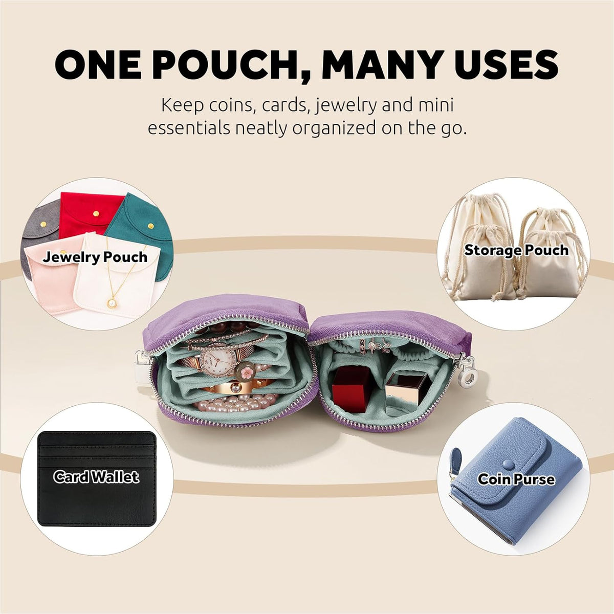 Small Travel Jewelry Case 2-in-1 Detachable Velvet Jewelry Bag Set | Portable Dual-Pouch Jewelry Organizer with Zippered Pouches and Divided Storage for Rings, Earrings, Bracelets & Accessories