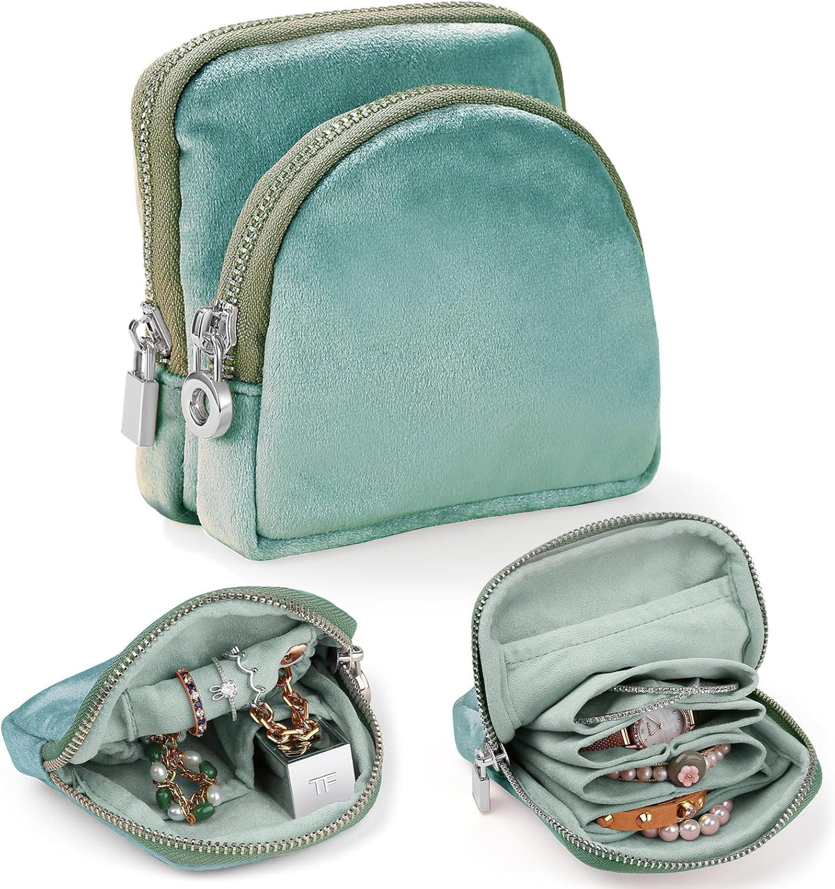 Small Travel Jewelry Case 2-in-1 Detachable Velvet Jewelry Bag Set | Portable Dual-Pouch Jewelry Organizer with Zippered Pouches and Divided Storage for Rings, Earrings, Bracelets & Accessories