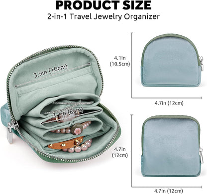 Small Travel Jewelry Case 2-in-1 Detachable Velvet Jewelry Bag Set | Portable Dual-Pouch Jewelry Organizer with Zippered Pouches and Divided Storage for Rings, Earrings, Bracelets & Accessories