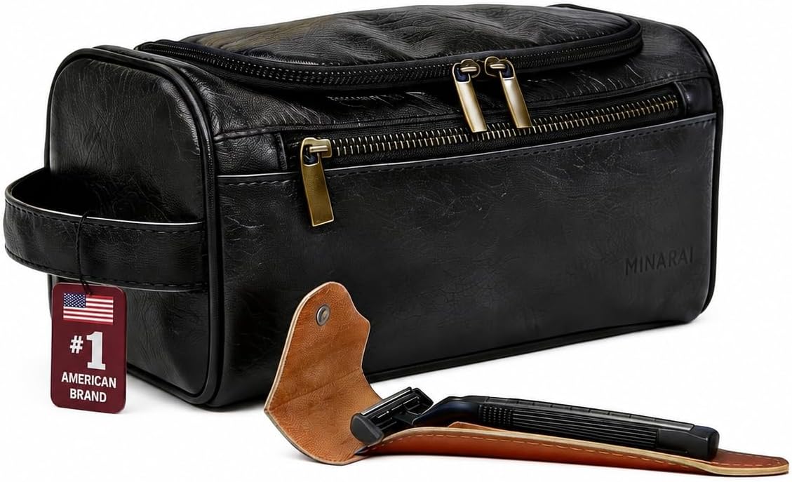 Mens Toiletry Travel Bag with Razor Case & Dust Bag – Premium PU Leather Organizer with Hanging Design and Structured Storage – Mens Toiletry Bag for Travel, Gym, and Everyday Gift–DARK BROWN