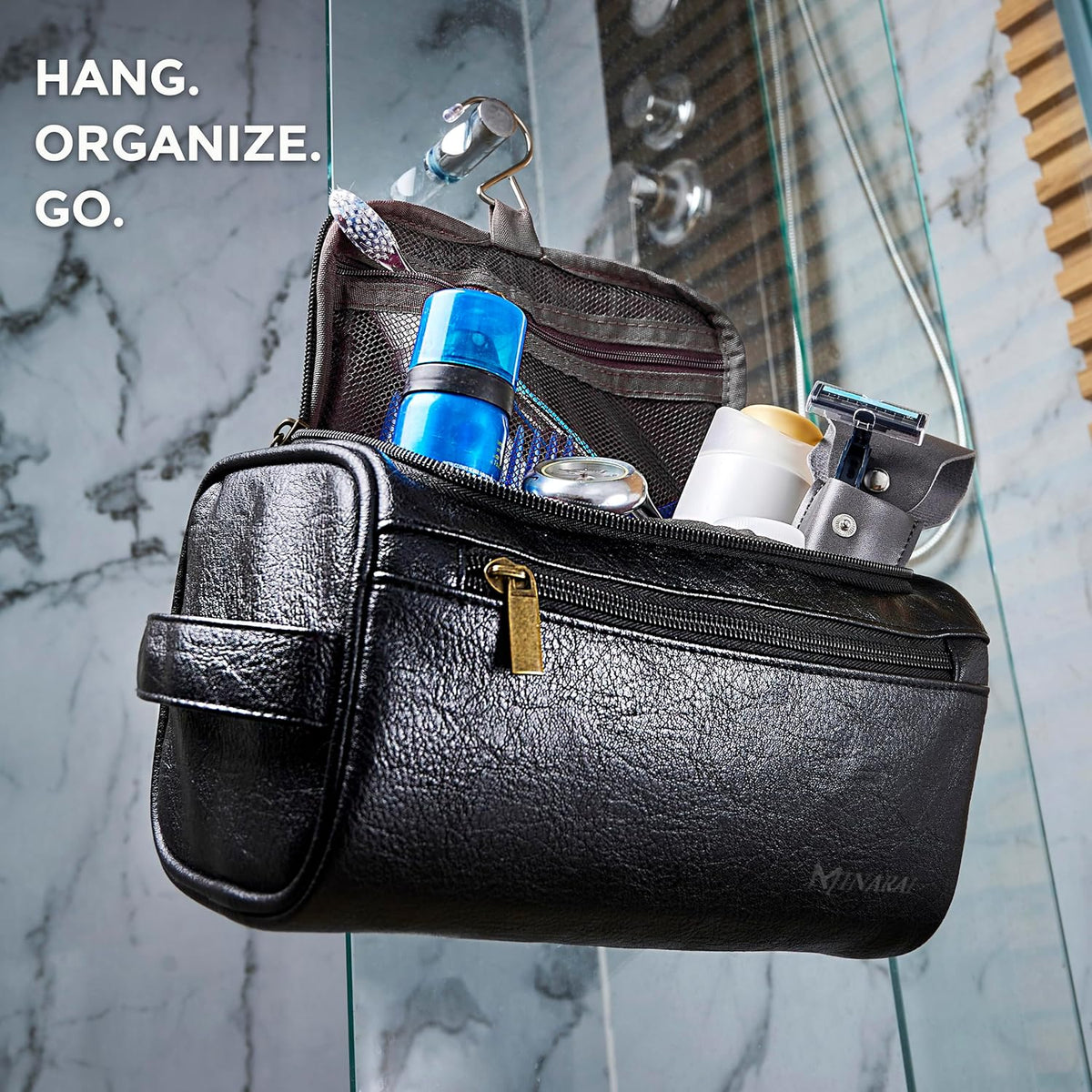 Mens Toiletry Travel Bag with Razor Case & Dust Bag – Premium PU Leather Organizer with Hanging Design and Structured Storage – Mens Toiletry Bag for Travel, Gym, and Everyday Gift–DARK BROWN