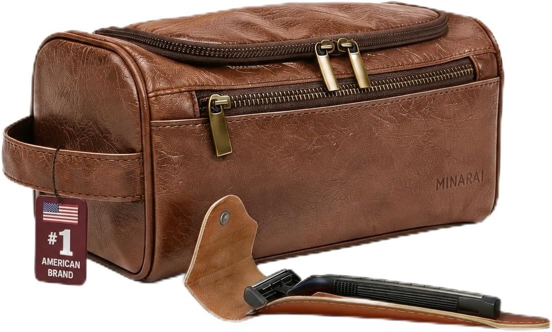 Mens Toiletry Travel Bag with Razor Case & Dust Bag – Premium PU Leather Organizer with Hanging Design and Structured Storage – Mens Toiletry Bag for Travel, Gym, and Everyday Gift–DARK BROWN