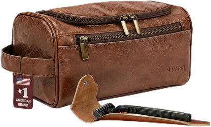 Mens Toiletry Travel Bag with Razor Case & Dust Bag – Premium PU Leather Organizer with Hanging Design and Structured Storage – Mens Toiletry Bag for Travel, Gym, and Everyday Gift–DARK BROWN