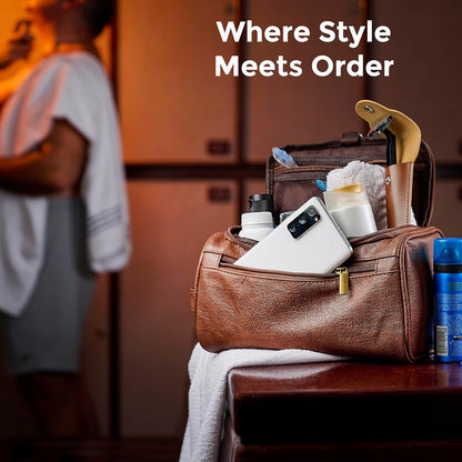 Mens Toiletry Travel Bag with Razor Case & Dust Bag – Premium PU Leather Organizer with Hanging Design and Structured Storage – Mens Toiletry Bag for Travel, Gym, and Everyday Gift–DARK BROWN