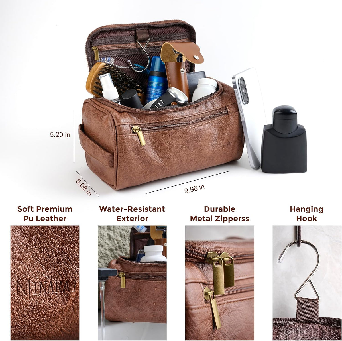 Mens Toiletry Travel Bag with Razor Case & Dust Bag – Premium PU Leather Organizer with Hanging Design and Structured Storage – Mens Toiletry Bag for Travel, Gym, and Everyday Gift–DARK BROWN
