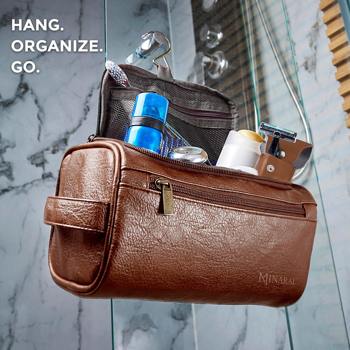 Mens Toiletry Travel Bag with Razor Case & Dust Bag – Premium PU Leather Organizer with Hanging Design and Structured Storage – Mens Toiletry Bag for Travel, Gym, and Everyday Gift–DARK BROWN