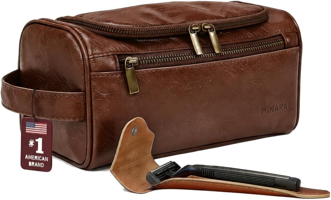 Mens Toiletry Travel Bag with Razor Case & Dust Bag – Premium PU Leather Organizer with Hanging Design and Structured Storage – Mens Toiletry Bag for Travel, Gym, and Everyday Gift–DARK BROWN