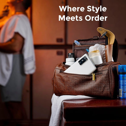 Mens Toiletry Travel Bag with Razor Case & Dust Bag – Premium PU Leather Organizer with Hanging Design and Structured Storage – Mens Toiletry Bag for Travel, Gym, and Everyday Gift–DARK BROWN