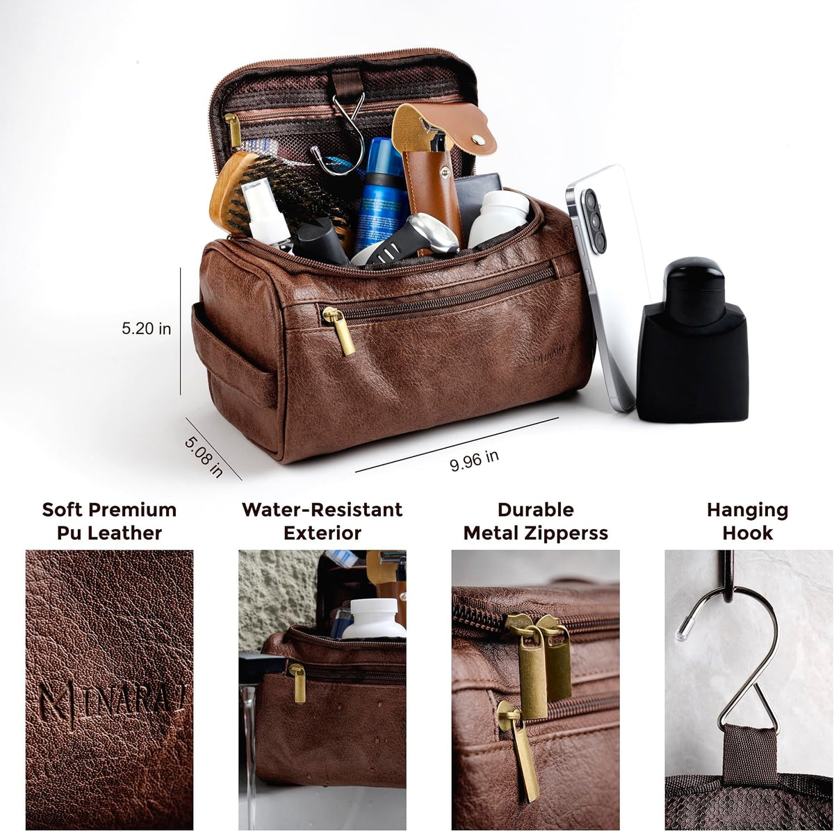 Mens Toiletry Travel Bag with Razor Case & Dust Bag – Premium PU Leather Organizer with Hanging Design and Structured Storage – Mens Toiletry Bag for Travel, Gym, and Everyday Gift–DARK BROWN