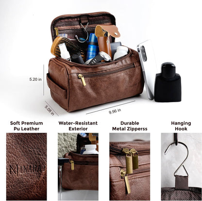 Mens Toiletry Travel Bag with Razor Case & Dust Bag – Premium PU Leather Organizer with Hanging Design and Structured Storage – Mens Toiletry Bag for Travel, Gym, and Everyday Gift–DARK BROWN