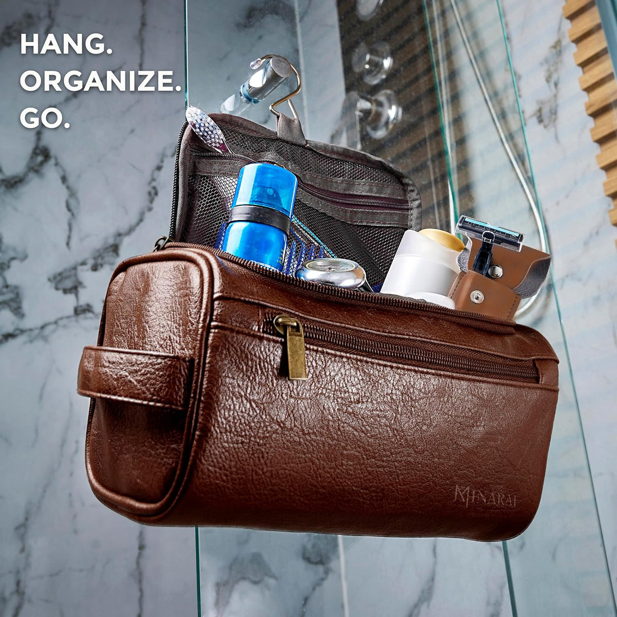 Mens Toiletry Travel Bag with Razor Case & Dust Bag – Premium PU Leather Organizer with Hanging Design and Structured Storage – Mens Toiletry Bag for Travel, Gym, and Everyday Gift–DARK BROWN