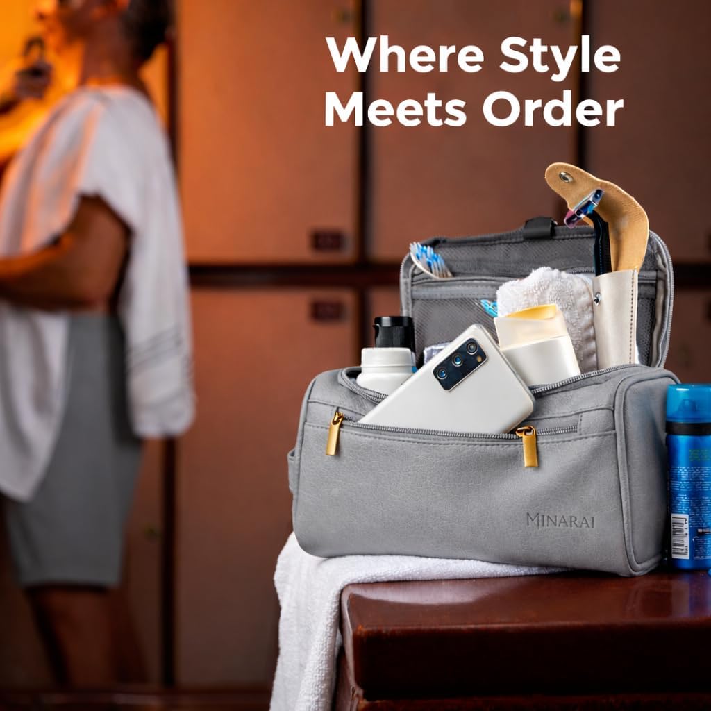 Mens Toiletry Travel Bag with Razor Case & Dust Bag – Premium PU Leather Organizer with Hanging Design and Structured Storage – Mens Toiletry Bag for Travel, Gym, and Everyday Gift–DARK BROWN