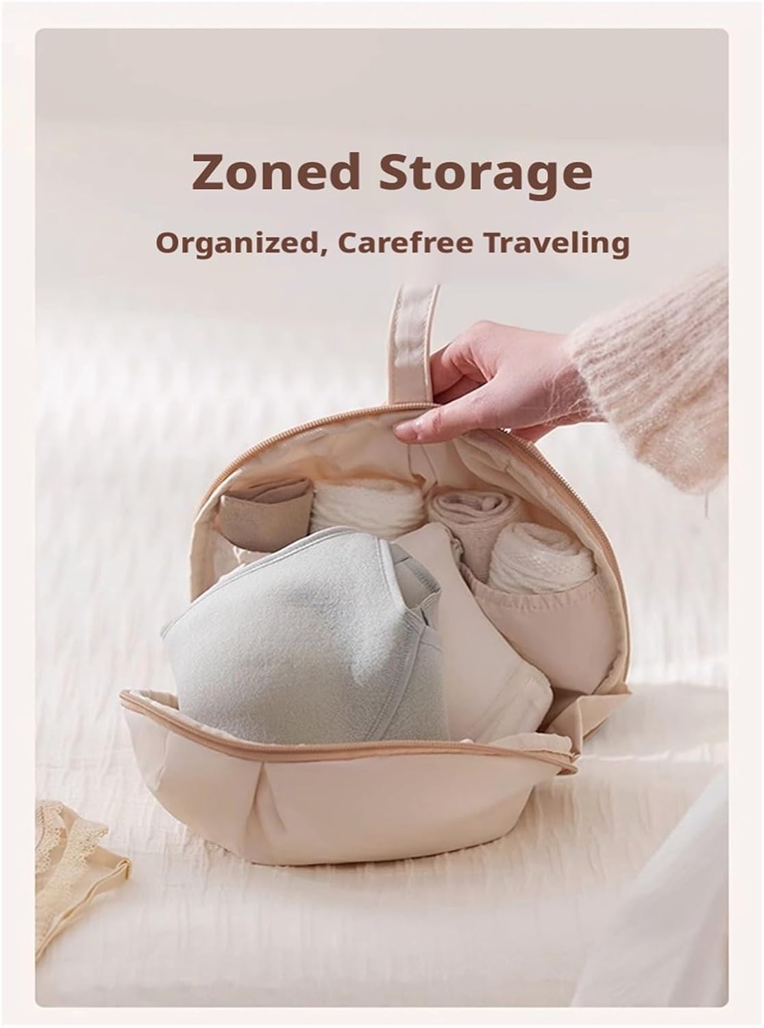 Women's Travel Lingerie Bag Organizer - Portable Bra and Underwear Storage Case with Structured Design, Machine Washable, Ideal for Travel & Daily Use(White)
