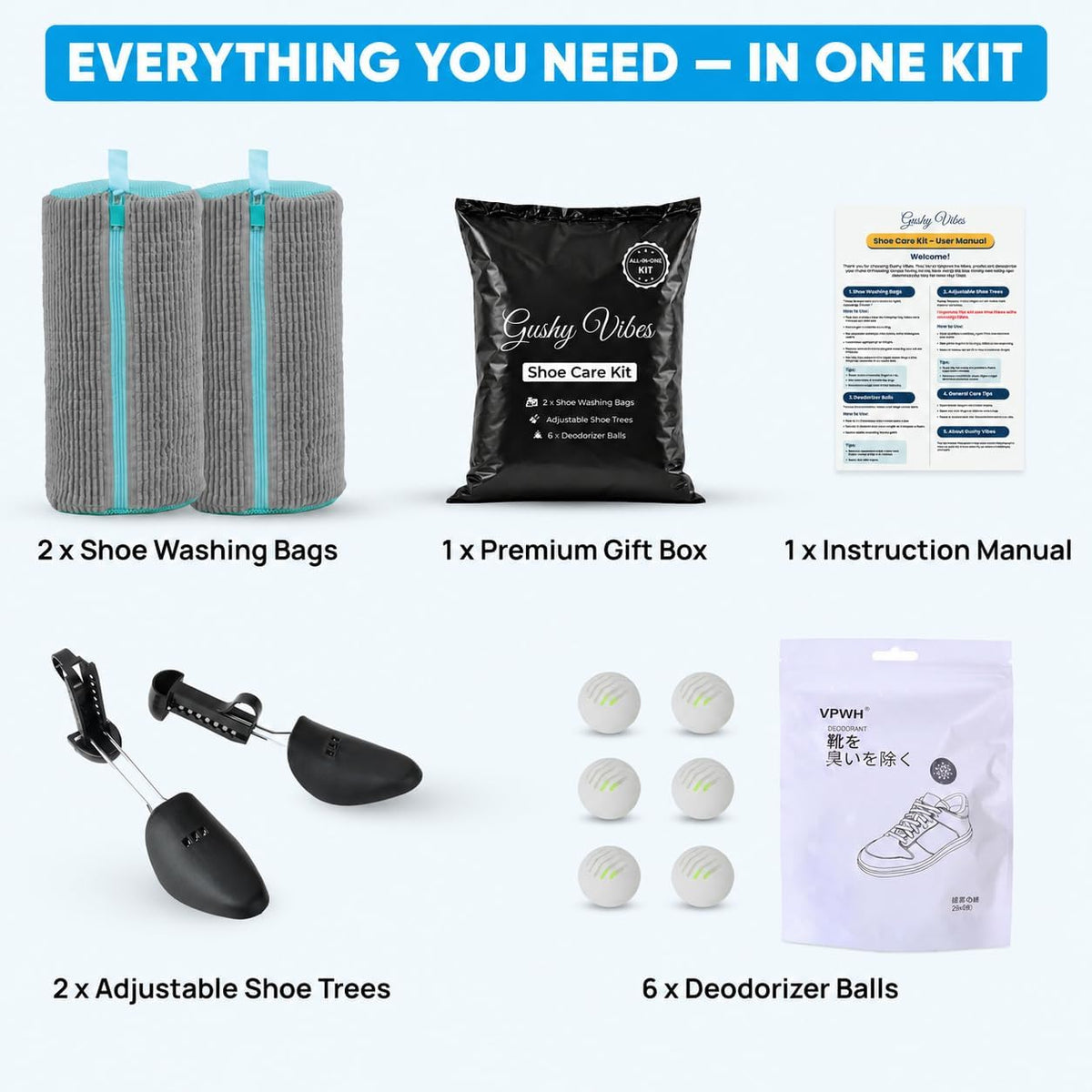 Shoe Washing Machine Bag – 2Pcs Shoe Cleaning Laundry Bags for Sneakers | Shoe Trees and 6 Deodorizer Balls Included, Secure Zip Lock Sneaker Washing Machine 360° Deep Shoe Cleaning Bag