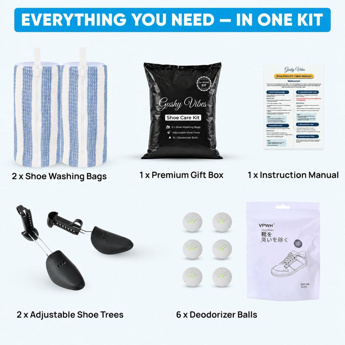 Shoe Washing Machine Bag – 2Pcs Shoe Cleaning Laundry Bags for Sneakers | Shoe Trees and 6 Deodorizer Balls Included, Secure Zip Lock Sneaker Washing Machine 360° Deep Shoe Cleaning Bag