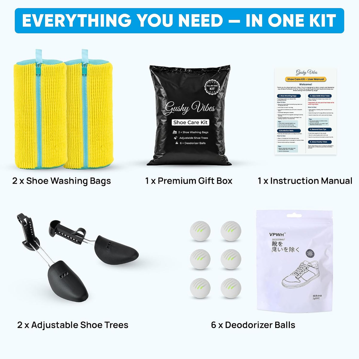 Shoe Washing Machine Bag – 2Pcs Shoe Cleaning Laundry Bags for Sneakers | Shoe Trees and 6 Deodorizer Balls Included, Secure Zip Lock Sneaker Washing Machine 360° Deep Shoe Cleaning Bag