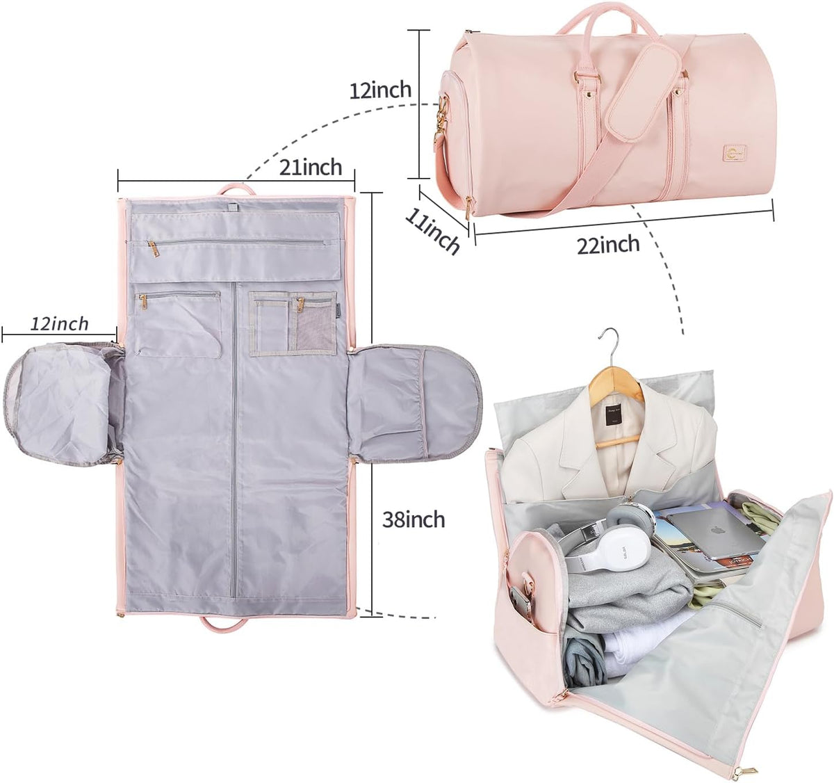 Convertible Carry on Garment Bag for Women, Garment Bags for Travel with Shoe Pouch 2 in 1 Hanging Suitcase Suit Bag for Women Travel Duffle Bag Garment Bag