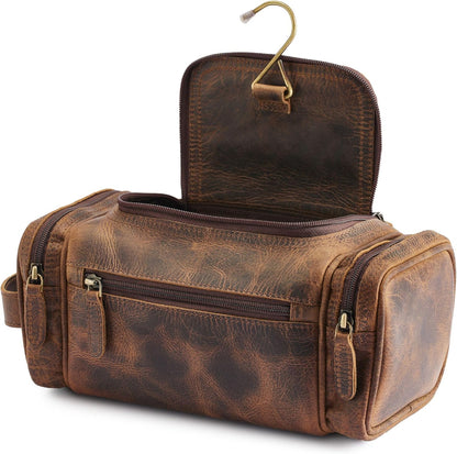 . Medium Sized Hanging Leather Toiletry Bag for Men Women - Premium Men's Travel Bag, Dopp Kit, Leather Pouch, Mens Toiletry Bag for Travel