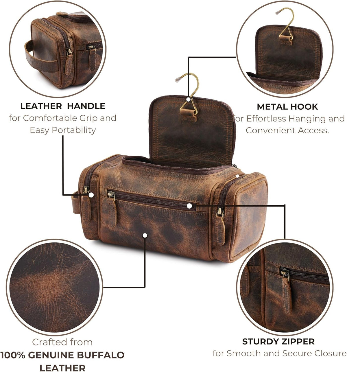 . Medium Sized Hanging Leather Toiletry Bag for Men Women - Premium Men's Travel Bag, Dopp Kit, Leather Pouch, Mens Toiletry Bag for Travel