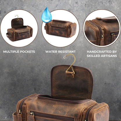 . Medium Sized Hanging Leather Toiletry Bag for Men Women - Premium Men's Travel Bag, Dopp Kit, Leather Pouch, Mens Toiletry Bag for Travel