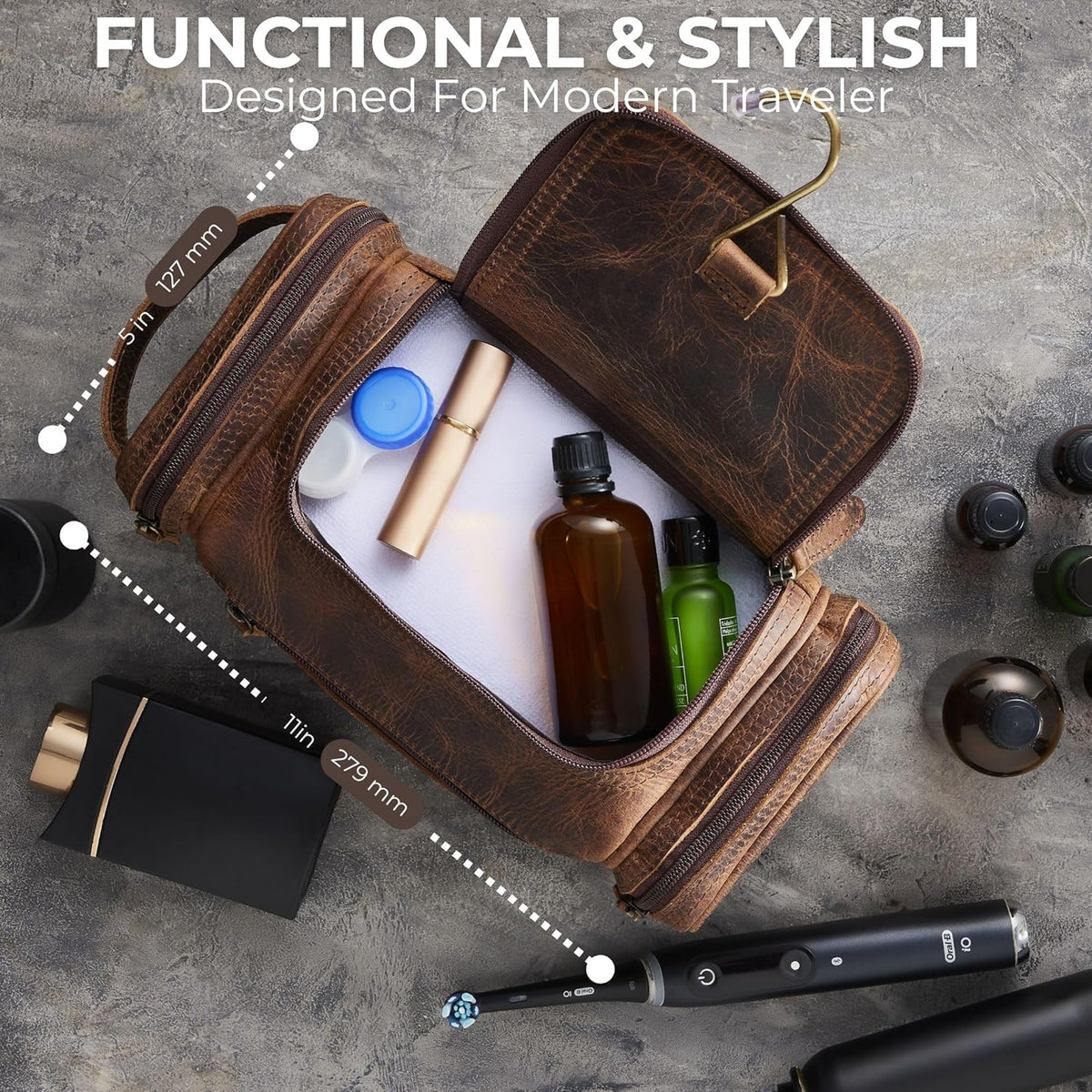 . Medium Sized Hanging Leather Toiletry Bag for Men Women - Premium Men's Travel Bag, Dopp Kit, Leather Pouch, Mens Toiletry Bag for Travel