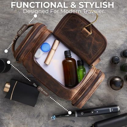 . Medium Sized Hanging Leather Toiletry Bag for Men Women - Premium Men's Travel Bag, Dopp Kit, Leather Pouch, Mens Toiletry Bag for Travel