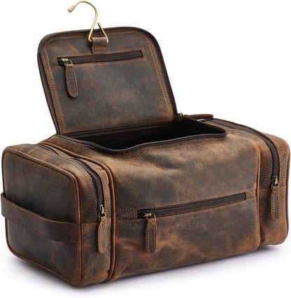 . Medium Sized Hanging Leather Toiletry Bag for Men Women - Premium Men's Travel Bag, Dopp Kit, Leather Pouch, Mens Toiletry Bag for Travel