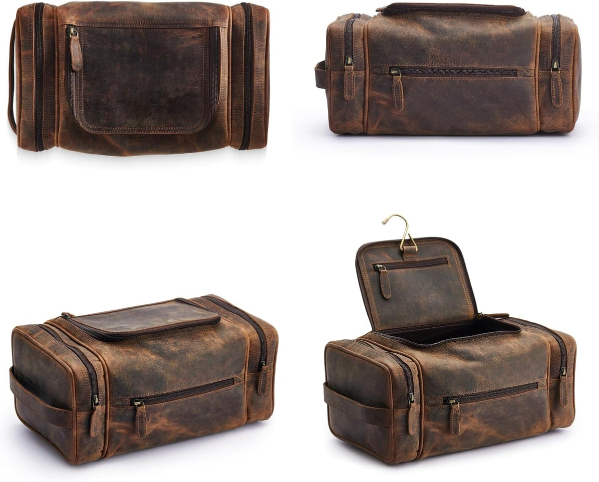 . Medium Sized Hanging Leather Toiletry Bag for Men Women - Premium Men's Travel Bag, Dopp Kit, Leather Pouch, Mens Toiletry Bag for Travel