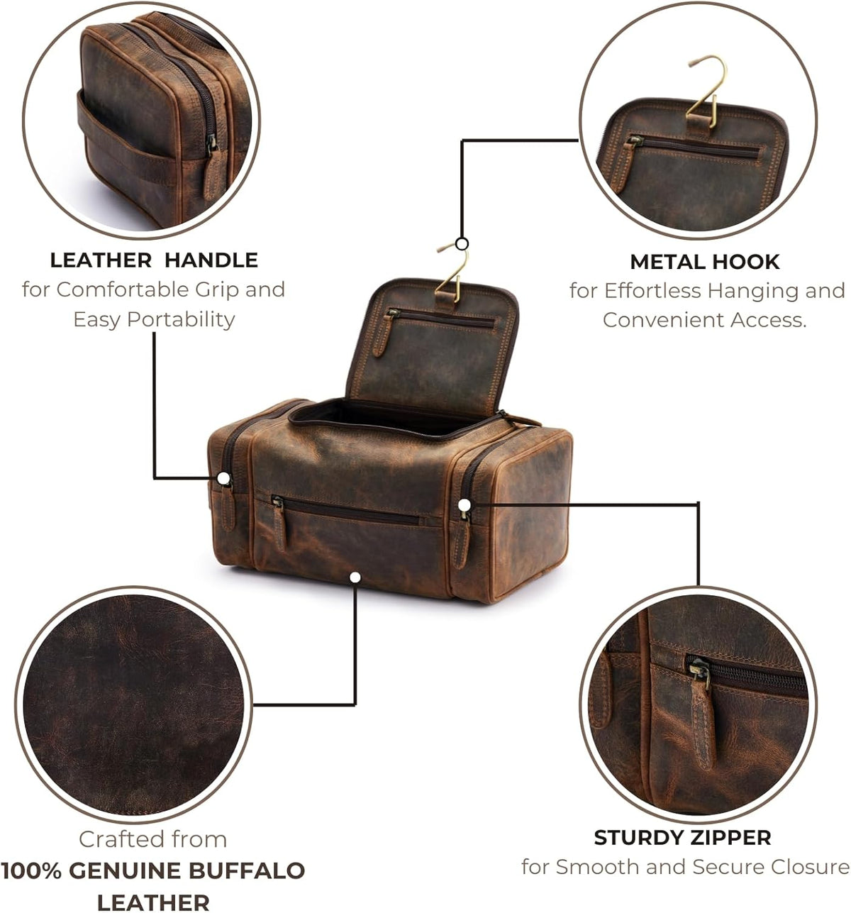 . Medium Sized Hanging Leather Toiletry Bag for Men Women - Premium Men's Travel Bag, Dopp Kit, Leather Pouch, Mens Toiletry Bag for Travel