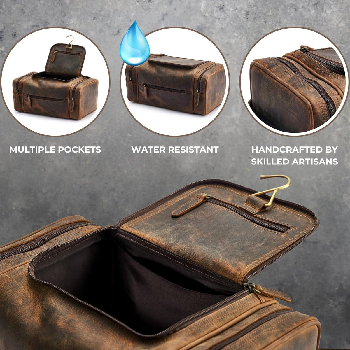. Medium Sized Hanging Leather Toiletry Bag for Men Women - Premium Men's Travel Bag, Dopp Kit, Leather Pouch, Mens Toiletry Bag for Travel