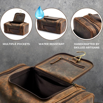 . Medium Sized Hanging Leather Toiletry Bag for Men Women - Premium Men's Travel Bag, Dopp Kit, Leather Pouch, Mens Toiletry Bag for Travel