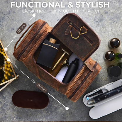 . Medium Sized Hanging Leather Toiletry Bag for Men Women - Premium Men's Travel Bag, Dopp Kit, Leather Pouch, Mens Toiletry Bag for Travel